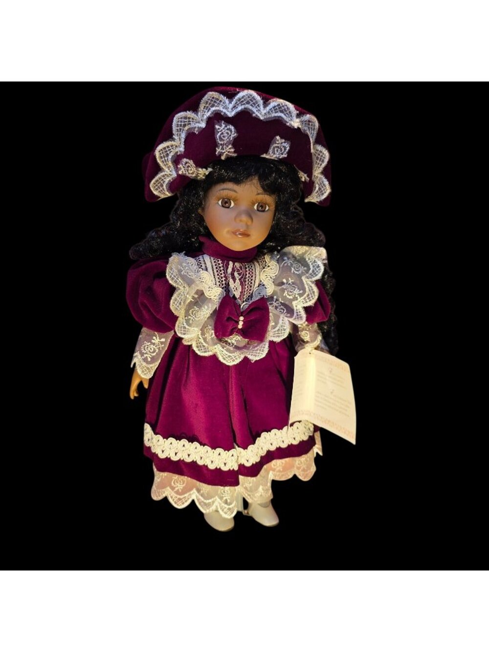 Vintage Chatelaine Porcelain Doll Burgundy Velvet Dress Lace Victorian Style COA